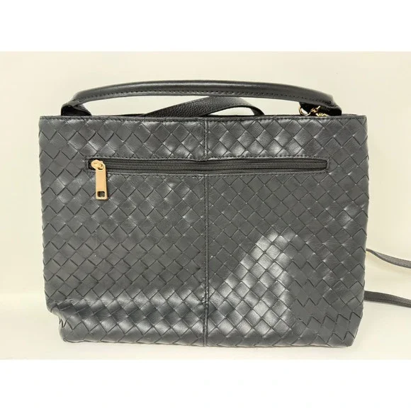 Black Woven Faux Leather Satchel Crossbody Handbag Gold Hardware - Picture 2 of 9